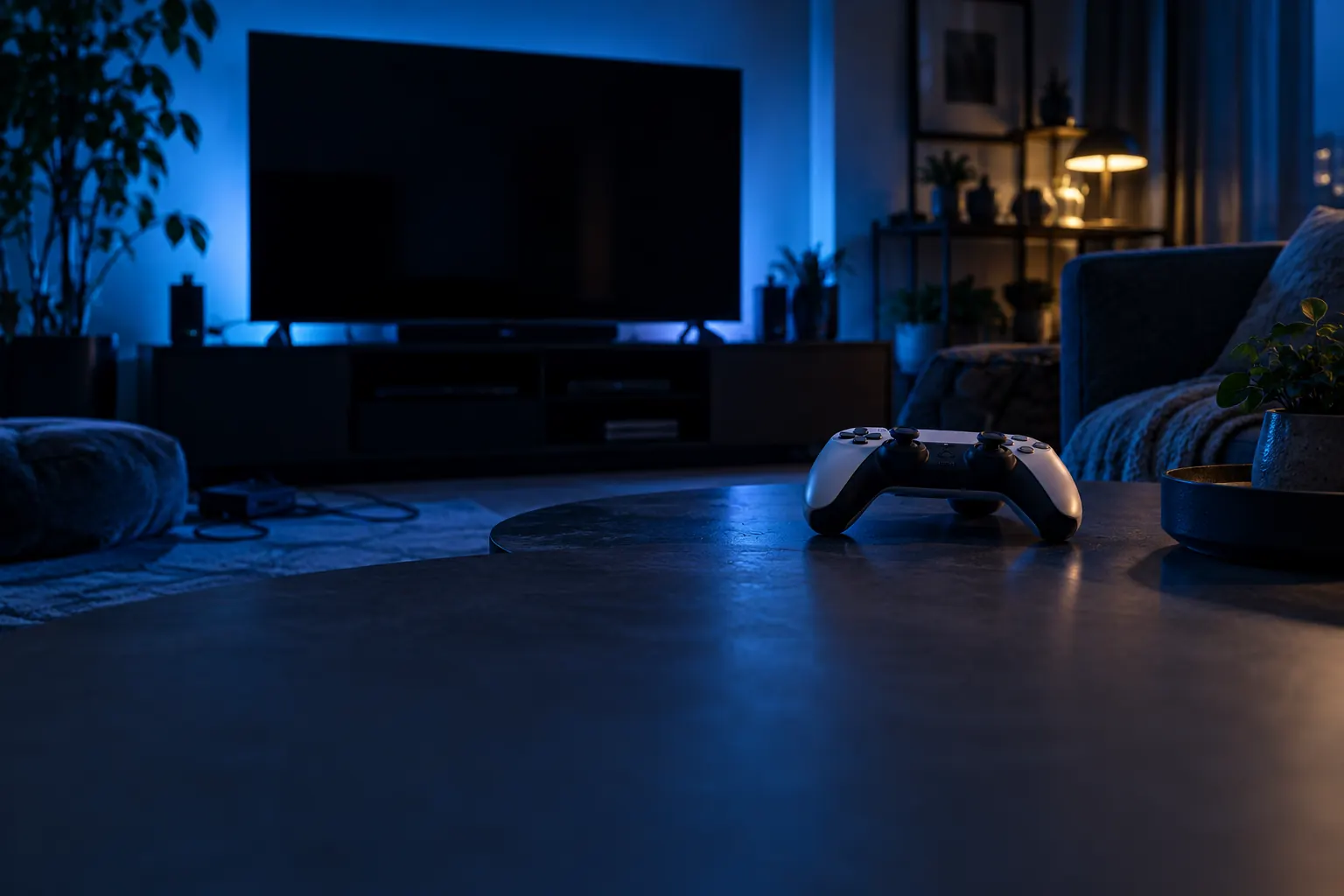 Manette de console sur une table basse, dans un salon de nuit baigné de lumière bleue